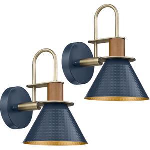 Rustic Wall Sconces Set of Two, HWH Indoor Wall Sconce 1-Light Barn Vanity Light, Hammered Barn Wall Lamp for Bathroom Bedroom Kitchen, Hammered Metal Shade, Navy Blue Finish, 5HZG74B-2L BL+BG
