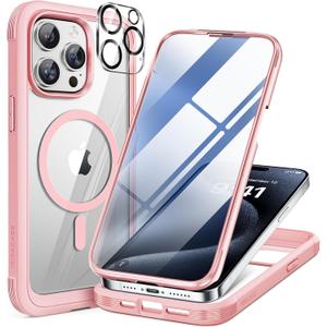 Miracase Magnetic for iPhone 15 Pro Max Case 6.7'' [Compatible with Magsafe] Full-Body Military Drop Proof for iPhone 15 ProMax Case with Built-in 9H Tempered Glass Screen Protector,Pink