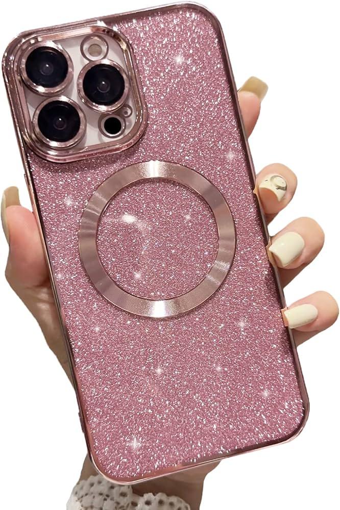 aowner Magnetic Case for iPhone 14 Pro Glitter Case, Luxury Plating Cute Bling with Camera Lens Protector, Compatible with MagSafe, Slim Thin for Women Girls Protective Clear Phone Case, Pink
