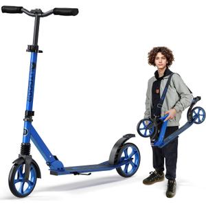 Outdoor Cruiser Kick Scooter for Ages 6+, for Kids, Teens, and Adults, Max Load 250 LBS, Foldable, 8-inch Wheels for Kids and Adults, Dual Suspension, 3 Adjustable Levels, Child Safety Approved, Blue