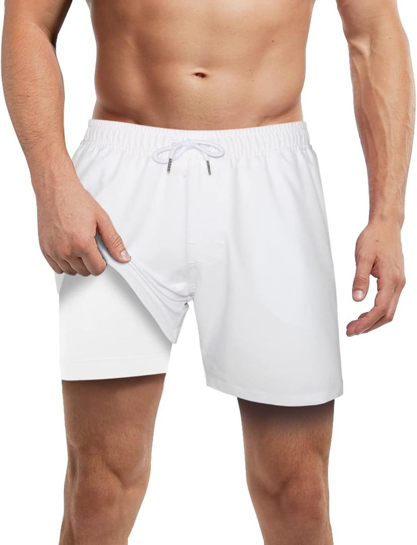 LUCOWEE Mens Swim Trunks with Compression Liner Anti Chafe Quick Dry UPF 50+ Swimming Shorts 5" 7" Inseam Bathing Suit (X-Large, White)