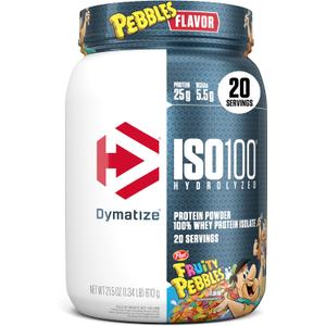 Dymatize x Fruity Pebbles ISO100 Whey Protein Powder Isolate, 25g of Protein, 20 Servings, 5.5g BCAAs, 120 Cal., Gluten Free, 1g Fat, 1g Sugar, 2g Carb (EXP 03/01/28)