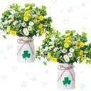 10 Pcs St. Patrick's Day Decorations Table Centerpiece Artificial Daisy Four Leaf Clover Branches with Vase Set Green Floral Arrangements for Home Farmhouse Party