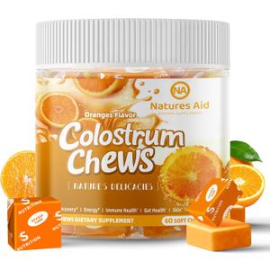 Colostrum Chews Supplement with probiotics for Gut Health, Bloating, Immune Support, Skin, Hair Growth and Beauty - Orange Flavor (60 Servings) (60 Count (Pack of 1))