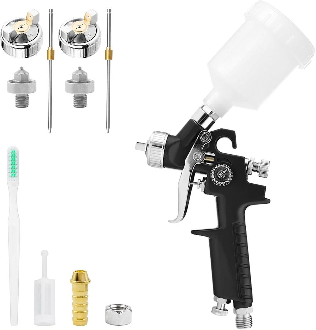 Mini HVLP Air Spray Gun Kit, with 0.8mm & 1.0mm Nozzles&125cc Cup, Small Automotive Paint Sprayer, Paint Guns Touch Up Detail Spot Repair, for House Painting, Furniture, Cars (Black)