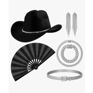 Cowgirl Outfit for Women Rhinestone Cowboy Hat Bling Cuban Necklace Bracelet Earring Belt Folding Clack Hand Fan