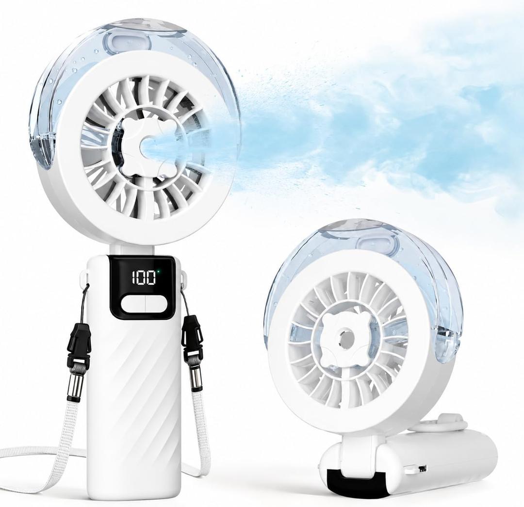 Portable Handheld Misting Fan, 3000mAh Rechargeable Battery Powered Personal Cooling Fan with Water Spray, 5-Speed Wind & LED Display, Small Mist Fan for Travel Outdoor Beach Home