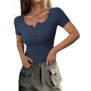 PRETTYGARDEN Women's 2025 Fall Summer Short Sleeve Tops Ribbed Henley Button Slim Fit Basic Casual T Shirts Blouse Clothing (X-Large, Dark Blue)