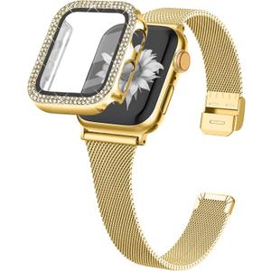 Joyozy Slim Stainless Steel Band Compatible with Apple Watch 38mm 40mm 41mm 42mm 44mm 45mm 46mm Milanese Strap with Bling Glitter Case Built-in Screen Protector Dressy Bracelet Band for Women (Gold 38mm)