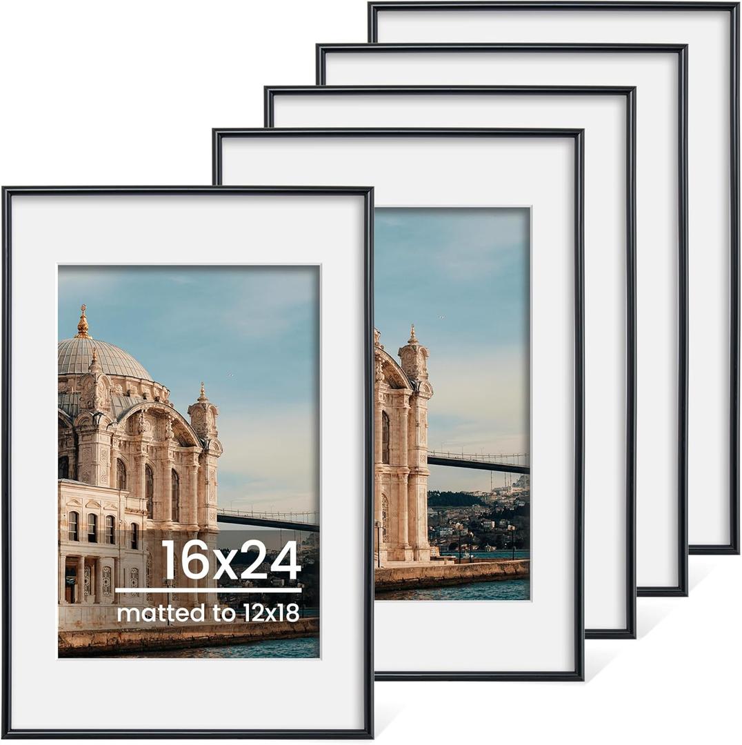 16x24 Picture Frame Set of 5, Display Pictures 12x18 with Mat or 16x24 Photos Without Mat 16 by 24 Poster Frames Collage Gallery Wall Decor, Black (16x24 (matted to 12x18))