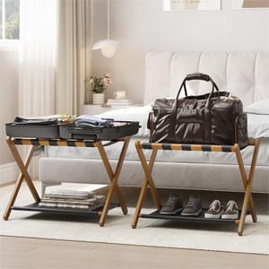 2 Pack Luggage Rack, Folding Luggage Rack for Guest Room, Walnut Bamboo Suitcase Stand Holds up to 131 lb, Luggage Stand with Storage Shelf for Hotel, Bedroom