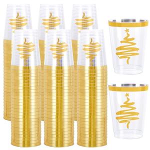 supernal 100Pack Christmas Gold Plastic Cups,Plastic Wine Glasses Disposable,Party Cup with Gold Xmas Tree Design,10 oz Fancy Disposable Cup for Christmas Holiday Hot Cold Drinks Juice