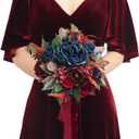 Ling's moment Artificial Flowers Burgundy and Navy Bridesmaid Bouquet, Wedding Flowers Bouquets for Bridesmaids, 7 Inch Bridal Bouquets for Bridesmaids, Wedding Decor, Anniversary, etc (Blu-navy Blue & Burgundy Red)