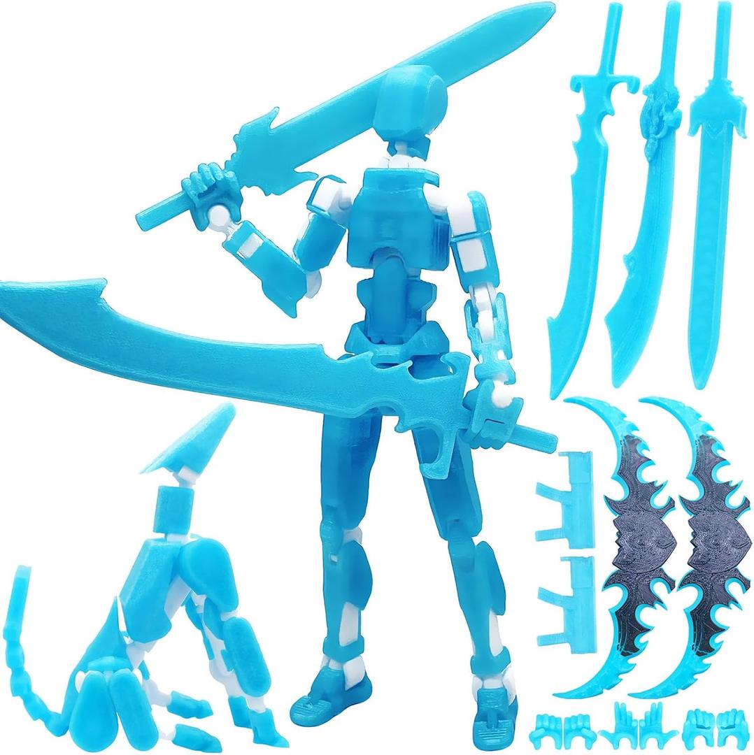 T13 3D Printed Action Figure, 7.8 Inches Glowing Titan 13 3D Action Figure with Dog Set, Multi-Jointed Movable Grow in The Dark Collectible Toy, Blue White, Assembly Completed