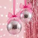 Disco Cowgirl Party Decorations, 2-pack 8-inch Hanging Disco Ball with Hot Pink Organza & Fishing Line, Hot Pink Party Decor for Birthday, Bachelorette, Baby Shower, Bridal Shower