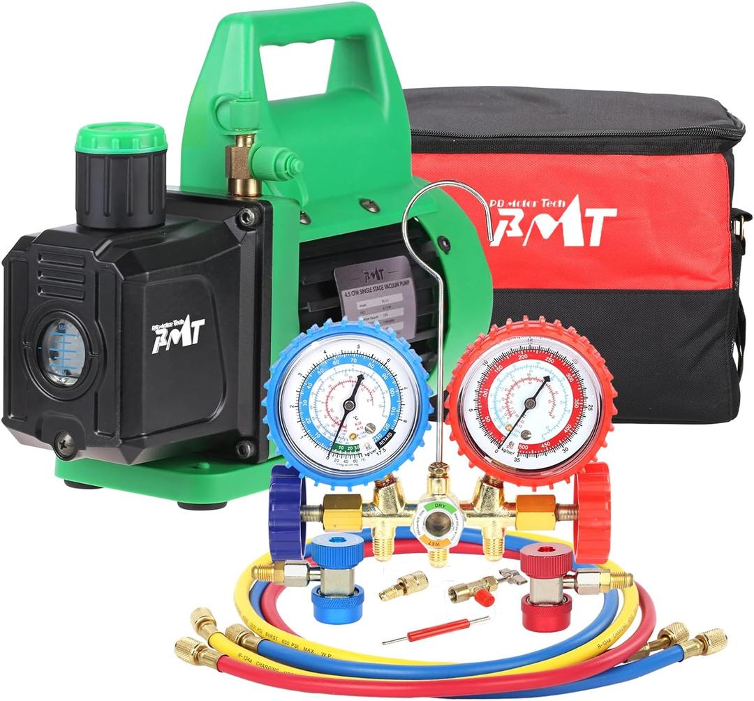 PB Motor Tech Vacuum Pump & Gauge Set - 4.5 CFM Pump w/Brass Manifold Gauge, Quick Couplers, 410 Adapter, Can Tap Tool & Carrying Tote - for R134A, R12, R22, R502 Refrigerants & A/C Maintenance