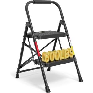 BONTEC 2-Step Ladder, Folding Step Stool, 600lbs Max Load Capacity, Sturdy Steel, Non-Slip Pedals, Lightweight, Portable Steel Ladder with Convenient Handrail, Safety Design for Home & Work, Black