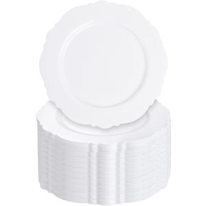 WDF 60pcs White Plastic Plates -10.25inch Baroque White Disposable Dinner Plates for Upscale Parties/Wedding