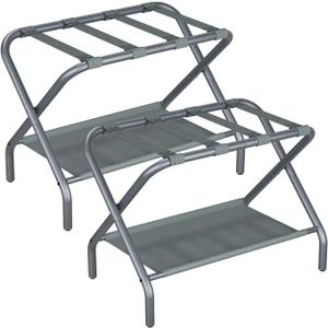 Smuxee Copper Luggage Rack Pack of 2, Foldable Suitcase Stand with Fabric Storage Shelf, Luggage Holder with 4 Nylon Straps for Guest Room Bedroom Hotel