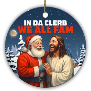 Funny Santa & Jesus Christmas Ornament  in Da Clerb We All Fam  Humorous Ceramic Tree Decoration for Holiday Spirit, Christian Friends & Family Gatherings 2025