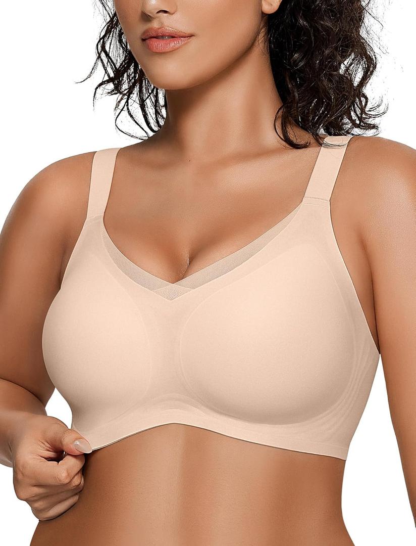 OEAK Womens Wireless Bras V Mesh Comfortable Bralette Supportive Tshirt Bra No Underwire Seamless Push Up Everyday Bras (XX-Large, Nude)