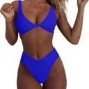 geluboao Bikini Set for Women Solid V Neck Knot Front Push Up High Leg Thong Two Piece Swimsuit (X-Large, Royal Blue)