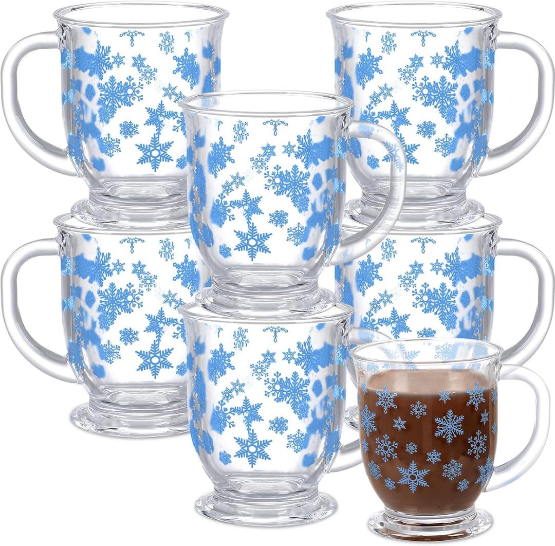 Sliner 6 Pcs Blue Snowflake Mugs Winter Glass Mug Coffee Mug with Handle 15 oz Winter Holiday Clear Cups for Chocolate Cocoa Women Men Christmas Gift