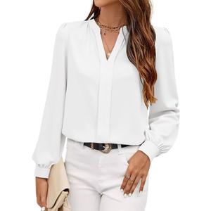 Avanova Women V Neck Long Sleeve Tops Casual Basic Work Blouses Business Shirts White X-Large