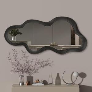 48"x 22" Irregular Wall Mirror, Wood Black Framed Wall Mirror, Asymmetrical Wall Wavy Mirror for Living Room Bedroom Entryway Bathroom Modern Decorative Mirror with Hanging Hooks