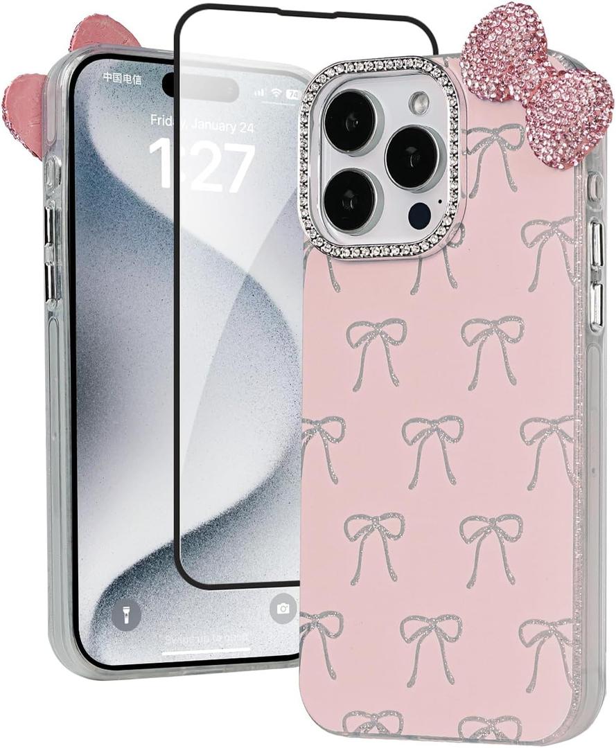 Cute Case for iPhone 15 Pro Max 6.7'' with HD Screen Protector,Pink Glitter Rhinestone Bow Phone Cases,Bowknot Pattern Silicone Protective Camera Shockproof Phone Cover for Women&Girls