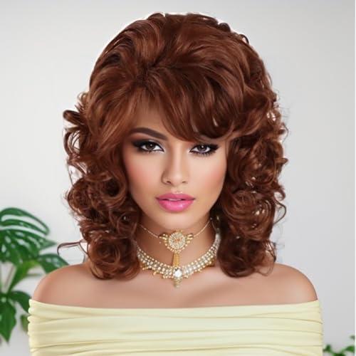 GNIMEGIL Shoulder Length Wigs For Women Auburn Curly Wig With Bangs Loose Wavy Hair Wigs Big Bouncy Fluffy Synthetic Hair For Reba Mcentire Cosplay Carnival Party Costume Daily Wear