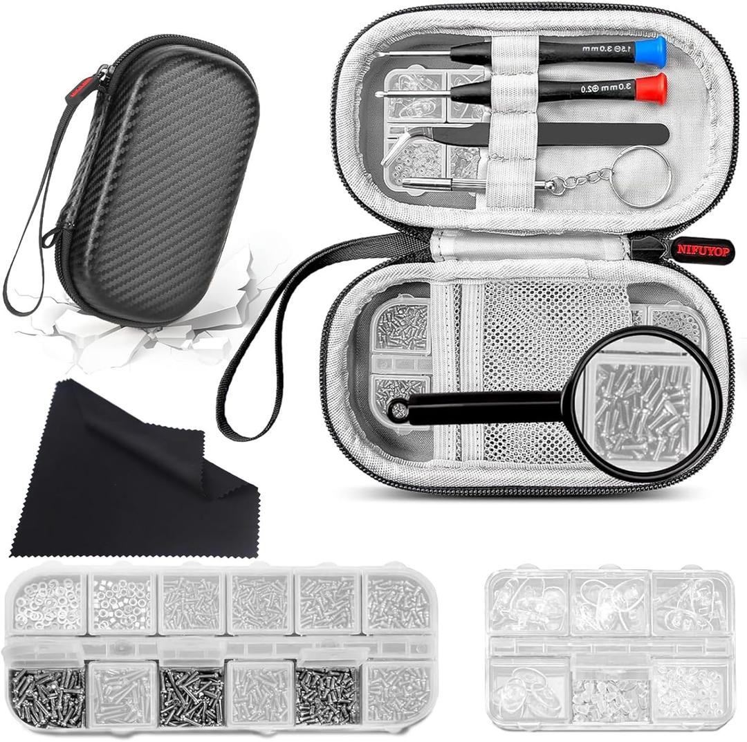 Eyeglass Repair Kit with Screws, Mini Glasses Repair Kit, Eye Glass Repairing Kit with Eyeglass Screws, Silicone Nose Pads, Tweezer, Screwdriver for Eyeglasses,Sunglasses, Magnify Glass and Case