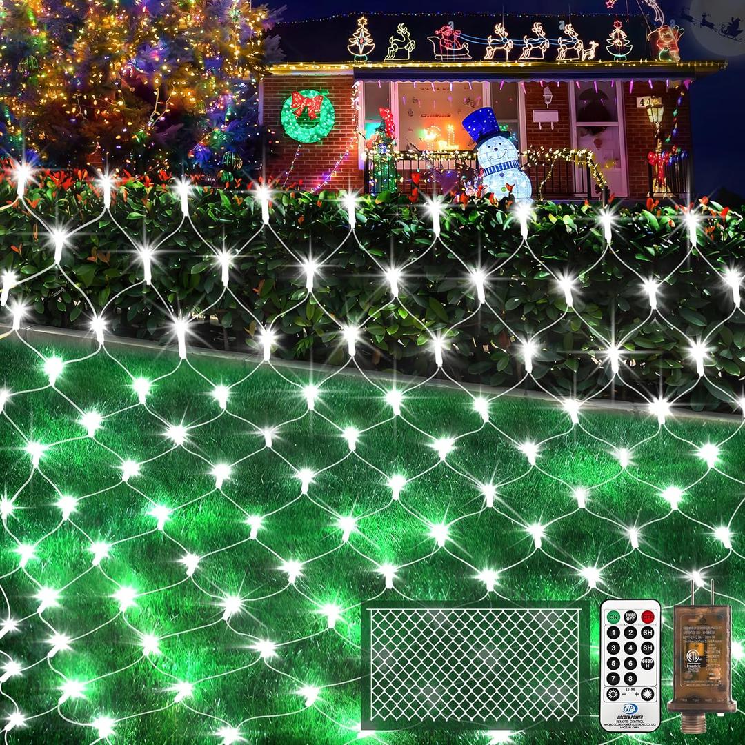 KNONEW Christmas Net Lights 420 LEDs 13ft x 6.6ft Outdoor Mesh Lights Connectable Waterproof 8 Modes & Timer Plug-in Net Fairy Lights for Bushes Garden Party Wedding Holiday,Cool White