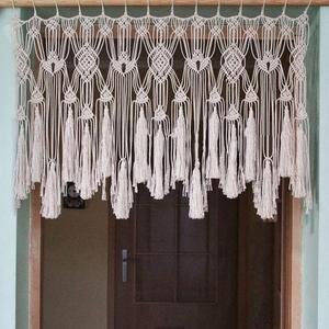 Macrame Curtains Valance with Bead for Kichen Boho Window Short Doorway Curtains Valance Wall Hanging Treatments Above Bed Decor for Bedroom Livingroom Kitchen Bathroom Wall Decor 47x22Inch (Beige)