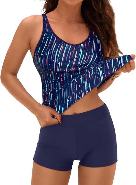 Yonique 2 Piece Tankini Swimsuits for Women with Boy Shorts Athletic Swim Tank Top Bathing Suits, XXL, Blue Stripe