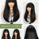 Quantum Love Long Black Hair Wig With Bangs Straight Layered Wigs For Black Women Synthetic Glueless Realistic Fiber Heat Resistant Natural Looking for Daily Party Cosplay