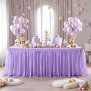 Lavender Tulle Tablecloth for 8 Foot Rectangular Table 8ft Light Purple Rectangle Table Cloth Wrinkle Free Tablecover with Tutu Skirt for Wedding Birthday Party Baby Shower Banquet Buffet Cake Event