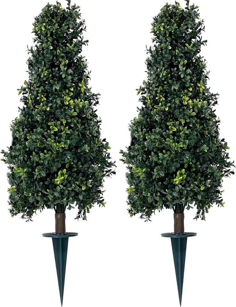 Artificial Boxwood Bush Cone 35" Tree UV Resistance Rated with Spike. Easy to Push in The Ground.Plant Looks Great in a Planter Anywhere. Indoor/Outdoor Decor 2 Pack