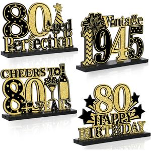 4 Pcs 80th Birthday Table Decorations Vintage 1945 Black Gold Birthday Party Centerpieces Aged to Perfection 80th Birthday Supplies Cheers to 80 Years Table Topper Wooden Decor for Men 80 Years Old