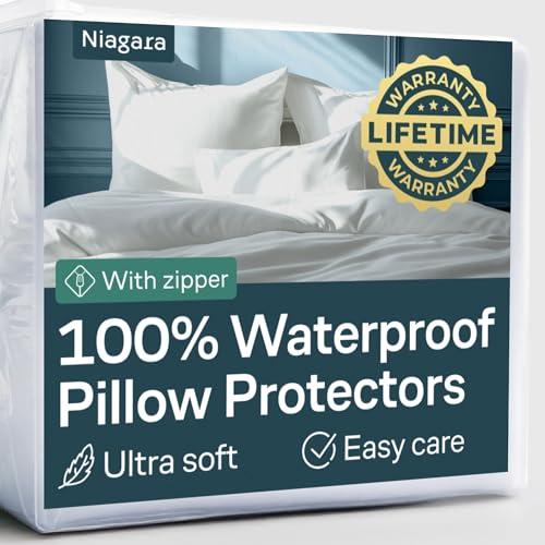 Niagara 4 Pack Waterproof Pillow Protectors Standard 20x26 Inches Smooth Zipper Premium Encasement Covers Quiet Cases Set White