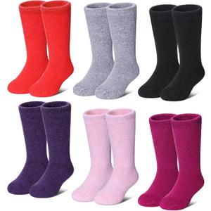 LANLEO Kids Wool Socks For Toddlers Boys Girls Hiking Winter Warm Cozy Thick Heavy Thermal Crew Boot Socks 6 Pairs Solid Color Girl, 4-7 Year Old