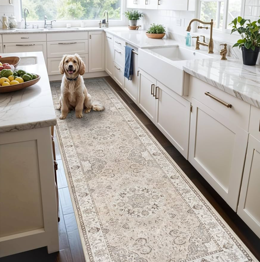 Hallway Washable Runner Rug - 2'6x12 Kitchen Rugs Entryway Rug Runner Vintage Soft Floor Mat Non Slip Indoor Farmhouse Carpet for Bathroom Living Room Bedroom (2'6''x12', Beige)