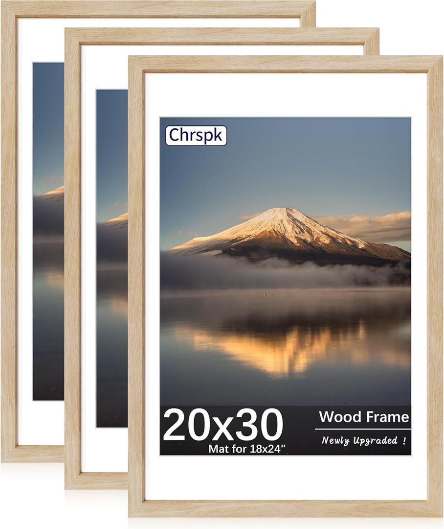 20X30 Poster Frame, Display Pictures 18X24 with Mat or 20X30 Without, Wall Hanging Frames, Natural Oak, 3 Pack