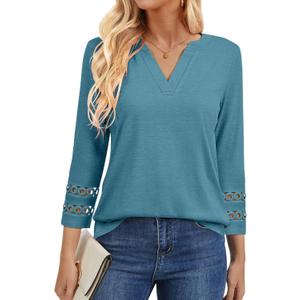 Womens 3/4 Length Sleeve Tops V Neck Lace Tunic Tops Dressy Casual Shirts Loose Fit 2025 Trendy Business Blouses (Blue, L)
