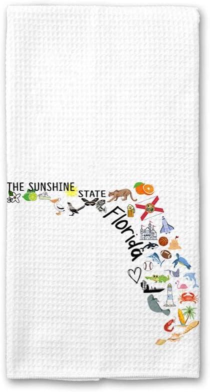Florida State Map Kitchen Towel, U.S. State Souvenir Tea Towel, Multi-Purpose Towel, Soft & Absorbent, Polyester, White