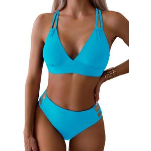 Tainehs Women's Push Up V Neck Bikini Sets Criss Cross Back Two Piece Bathing Suit (Large, Lake Blue)