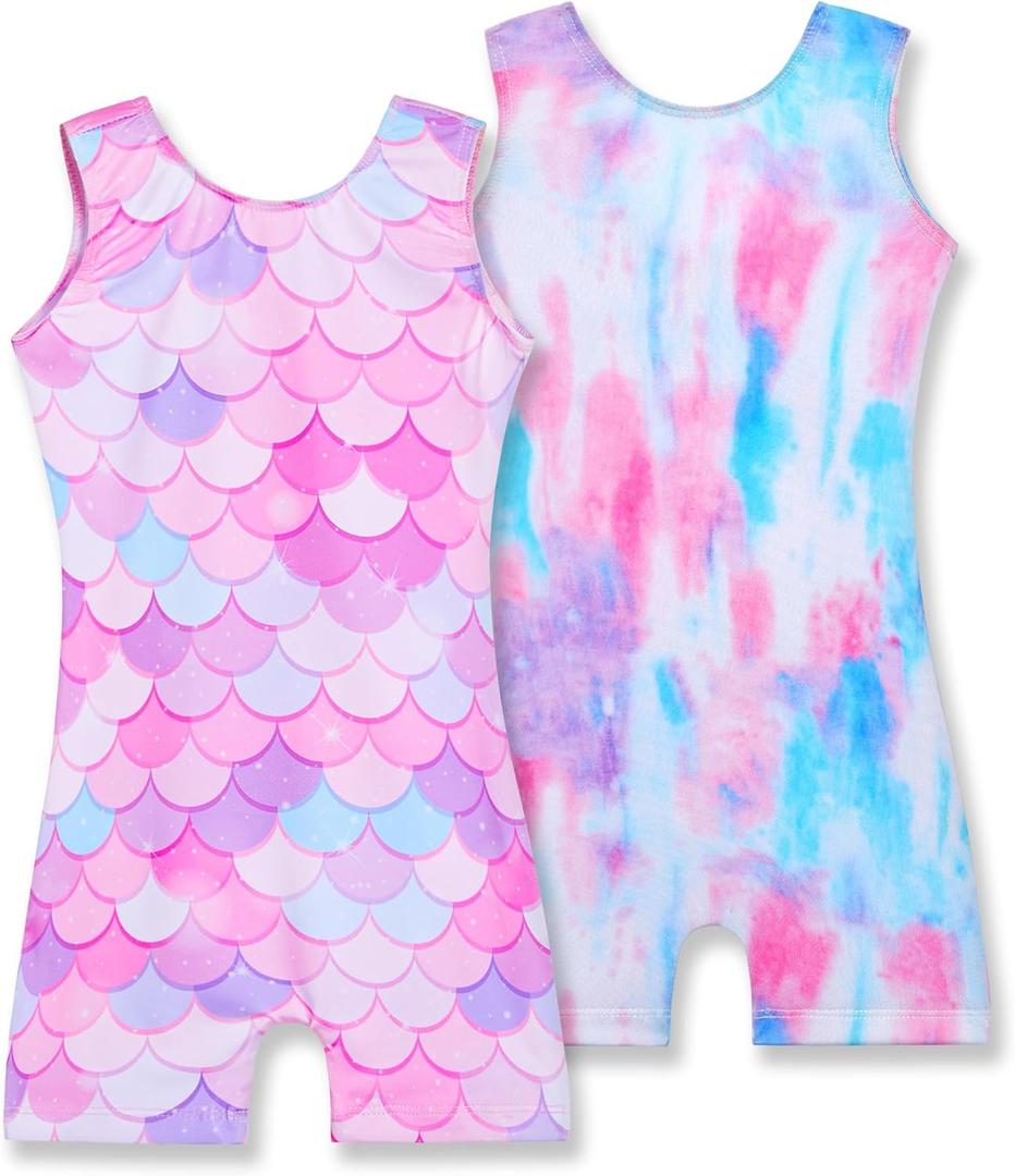 Nymphperi 2 Pack Gymnastics Leotards for Girls Cute Biketards with Shorts Kids Sleeveless Unitard Dance Sportswear (Pink, M)