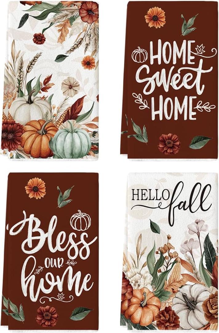 2 x Artoid Mode Wild Flowers Pumpkin Fall Kitchen Towels Set of 4 18x26 Inch