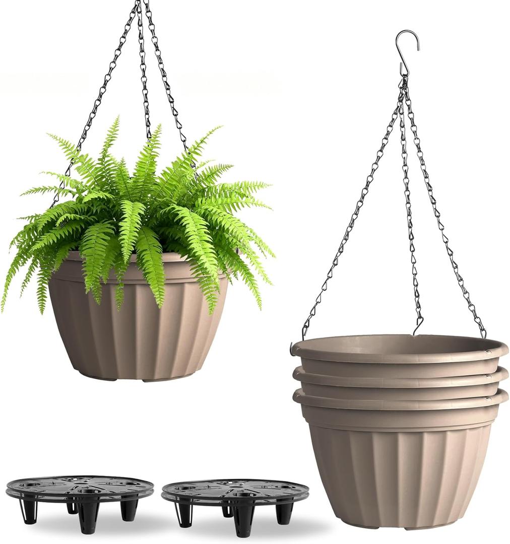 FGstyle Hanging Planters 10 Inch, 4 Pcs Self Watering Pots for Indoor Plants,Plastic Hanging Basket with Soil Elevator and 20" Chain for Home Garden Porch Balcony Patio Decor(Beige)