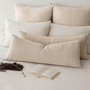 Foindtower Set of 2 Decorative Linen Check Throw Pillow Covers Neutral Long Body Lumbar Cushion Covers Farmhouse Vintage Home Decor for Sofa Chair Couch Bedroom Living Room,1436 Inch,Natural Linen